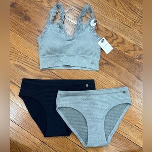 Lucky Brand Lace Bralette Panty 3 Piece Set Black Grey Size Small